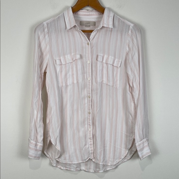LOFT Small Petite Button Front Shirt Light Pink Striped Soft Casual - Picture 1 of 6